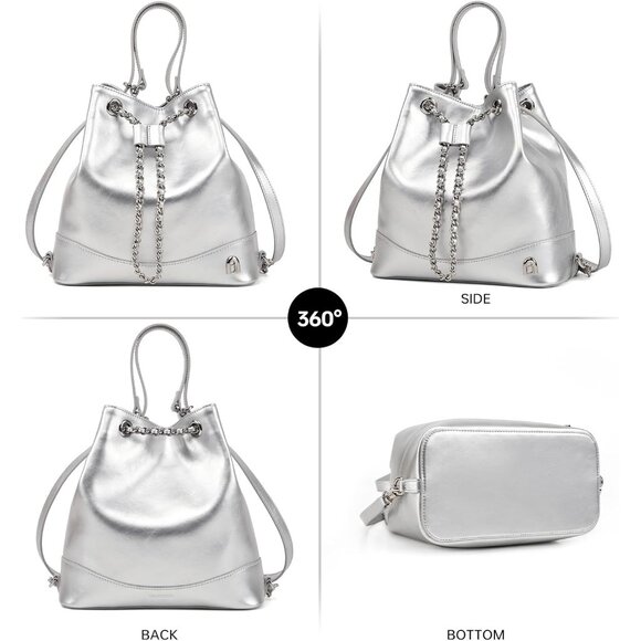 Women\'s Silver Leather Backpack Small Shoulder Handbag with Silver Chain and Dra main image 3